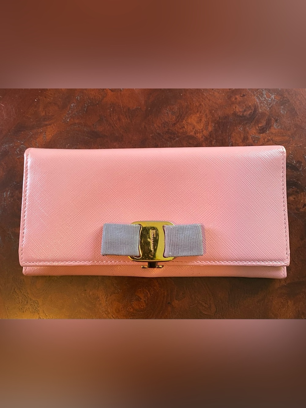 Salvatore Ferragamo Pink Leather Wallet with Bow and Gold Hardware
